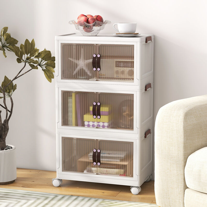 3-Tier Stackable Storage Boxes Bins with Magnetic Doors and Lockable Casters