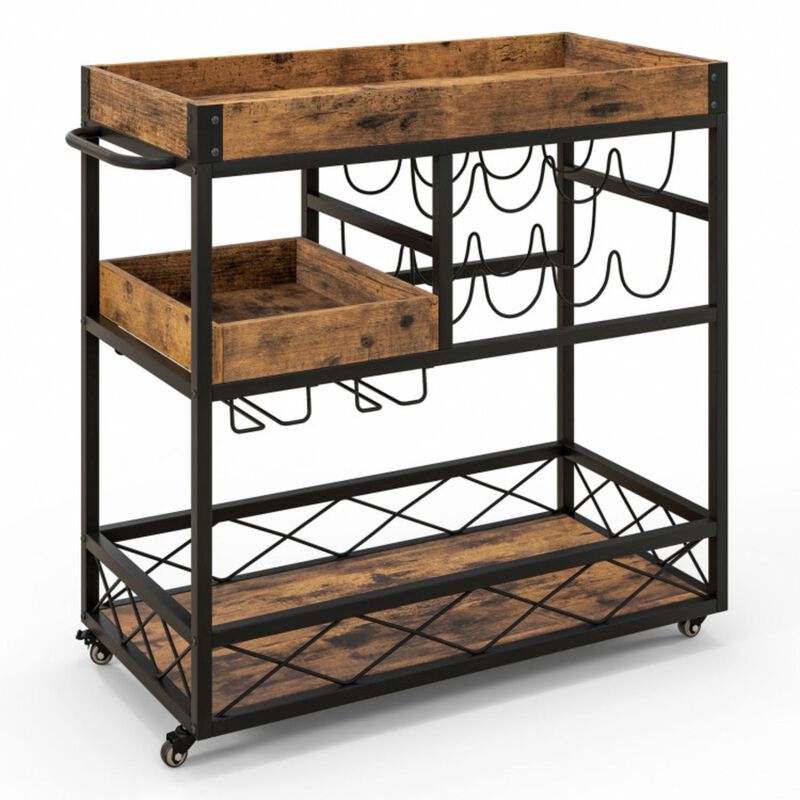 Hivvago 3-Tier Rolling Bar Cart with Removable Tray and Wine Rack-Rustic Brown
