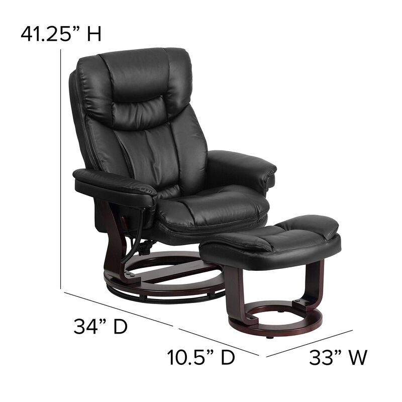 Flash Furniture Allie Contemporary Multi-Position Recliner and Curved Ottoman with Swivel Mahogany Wood Base in Black LeatherSoft