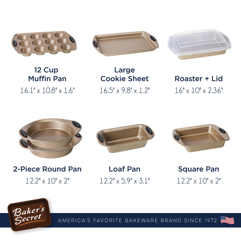 Baker's Secret Bakeware Set 8 pieces, Easy Grip Carbon Steel Non-stick Durable Set of 8 Bakeware Set, 12Cup Muffin Pan, Large Cookie Sheet, 2x Round Pan, Load Pan, Square Pan, Roaster with Lid, Gift Packaging, Baking Essentials