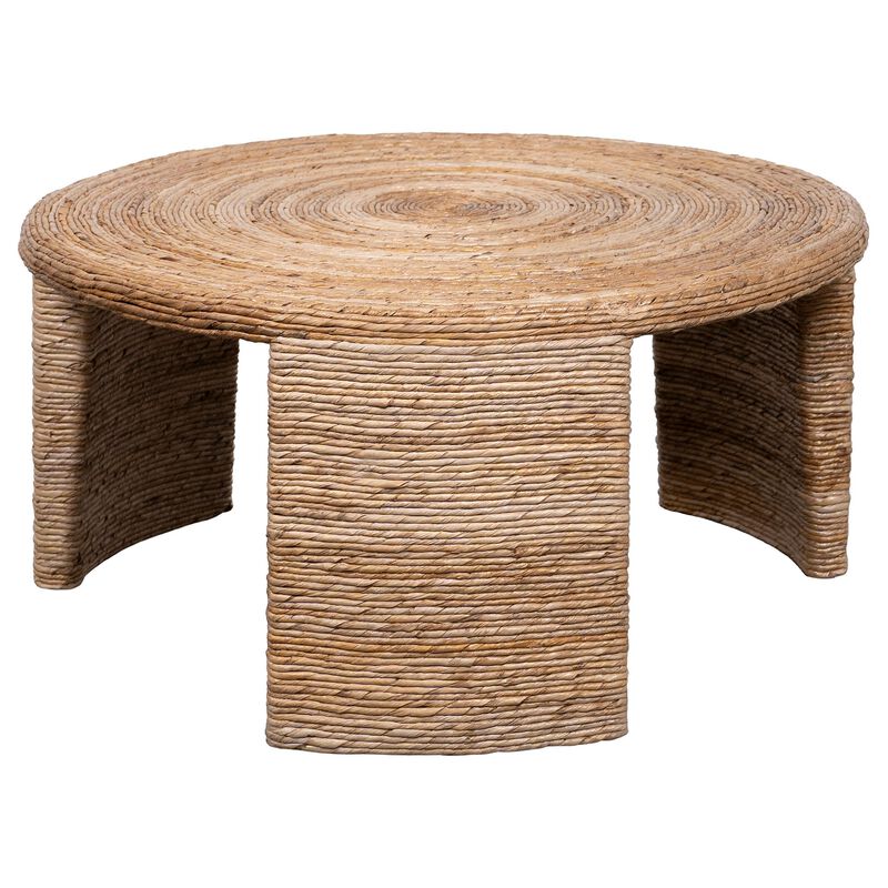 Asha 36 Inch Coffee Table, Round Shaped Top with Natural Rattan Wrapping - Benzara