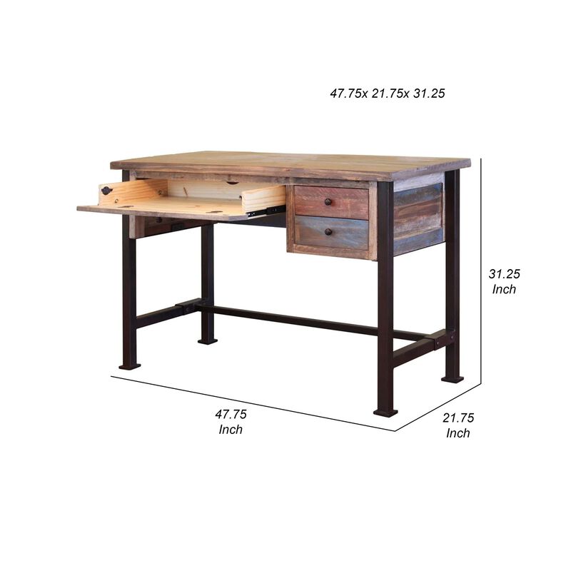 Fena 48 Inch 3 Drawer Office Desk, Iron Base, Multicolor Distress Pine Wood-Benzara