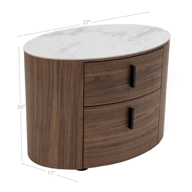 Cid Anay 27 Inch Nightstand, Oval Faux White Marble Top, Walnut Veneer-Benzara