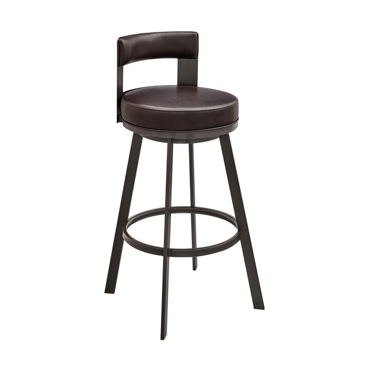 Ami 26 Inch Swivel Counter Stool Chair, Curved Open Back Brown Faux Leather - Benzara