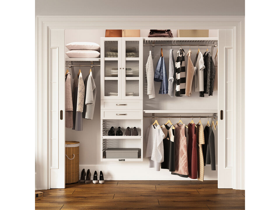 Solid Wood Walk-In Closet Organizer with 2 Shaker Style Drawers and Glass Doors