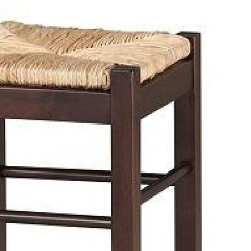 Rush Woven Wooden Frame Counter Stool with Saber Legs, Beige and Dark Brown-Benzara