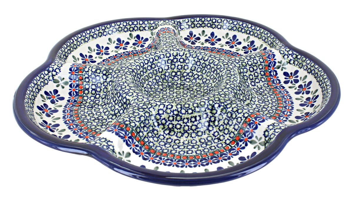 Blue Rose Polish Pottery Mosaic Flower Chip & Dip Tray