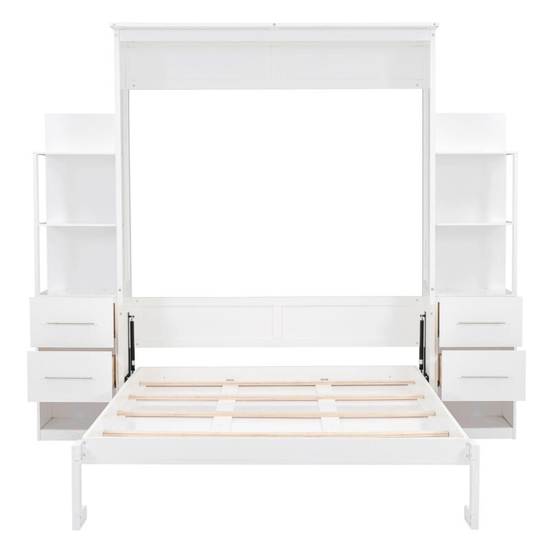 Queen Size Murphy Bed Wall Bed with Shelves, Drawers and LED Lights, White