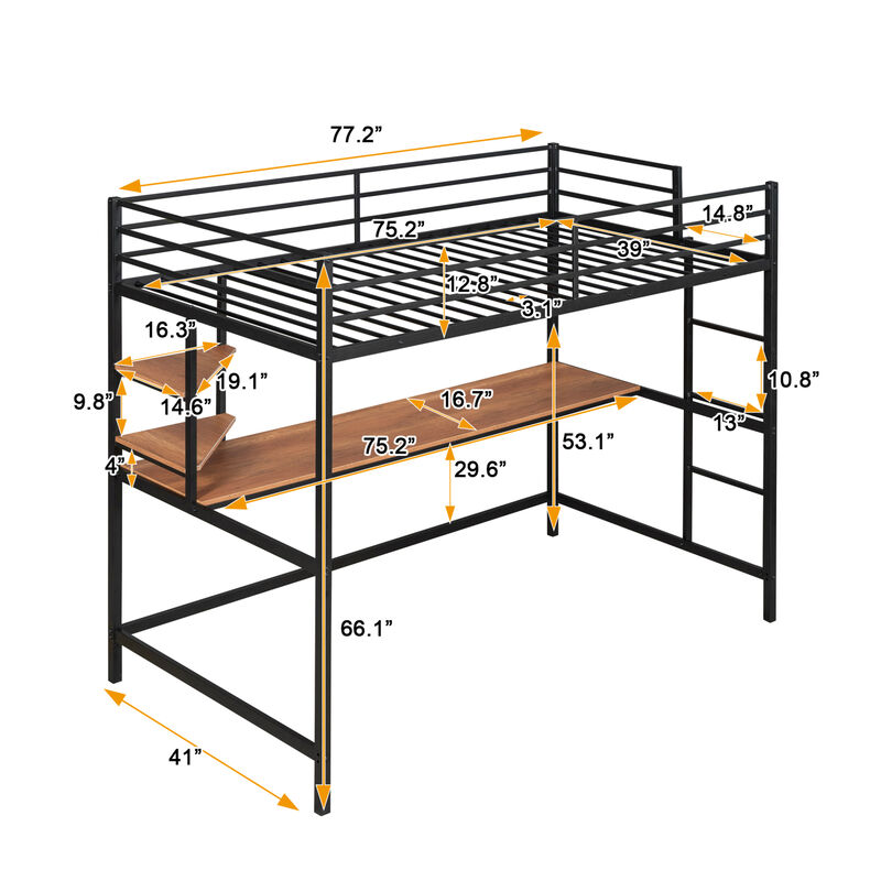 Twin Metal Loft Bed With Desk And Shelf