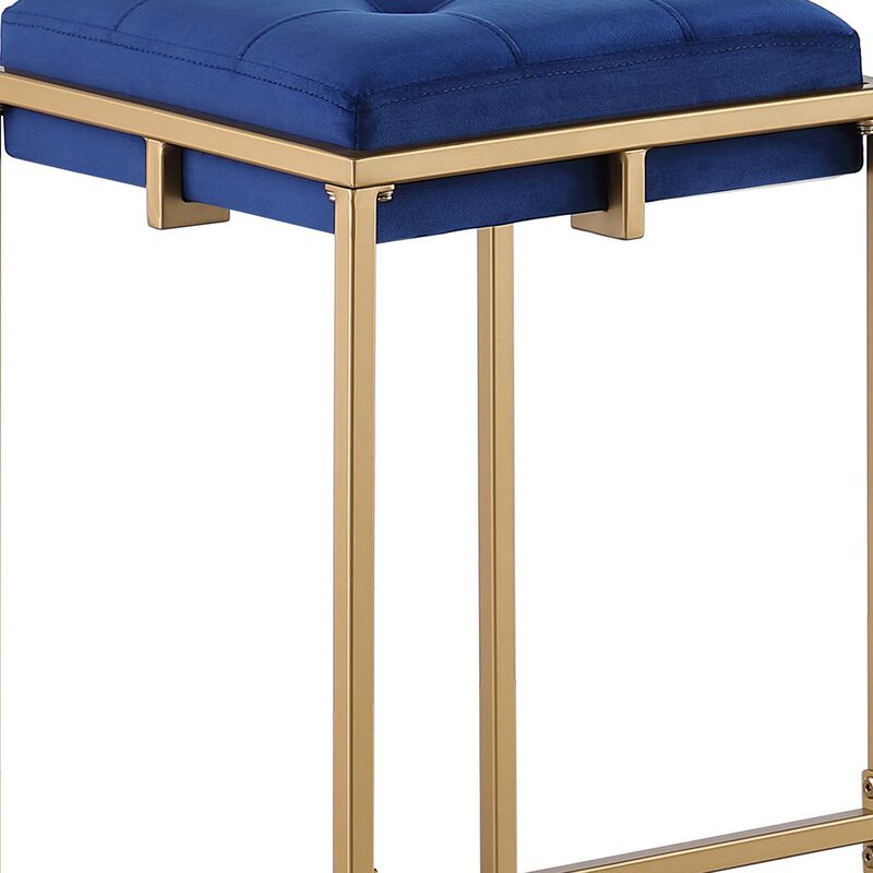 Dia 30 Inch Set of 2 Square Bar Stools, Blue Velvet Seat, Gold Metal Base-Benzara