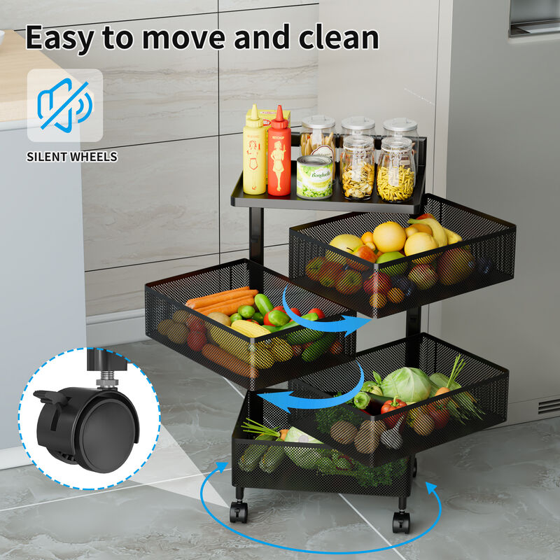 Mega Casa Rotating Kitchen Storage Rack with Handle, Fruit Vegetable Storage Shelf, Rolling Storage Cart, Multifunctional Household Shelf for Bedroom, Bathroom, Living Room(4-Tier Square)