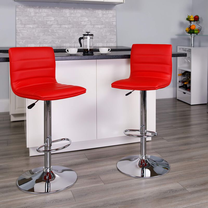 Flash Furniture Vincent Modern Red Vinyl Adjustable Bar Stool with Back, Swivel Stool with Chrome Pedestal Base and Footrest