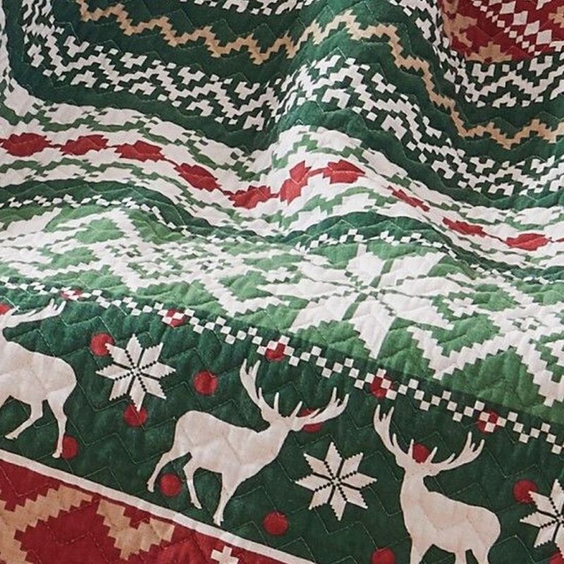 Live 50 x 60 Quilted Throw Blanket, Dutch Velvet, Winter Print, Green, Red - Benzara