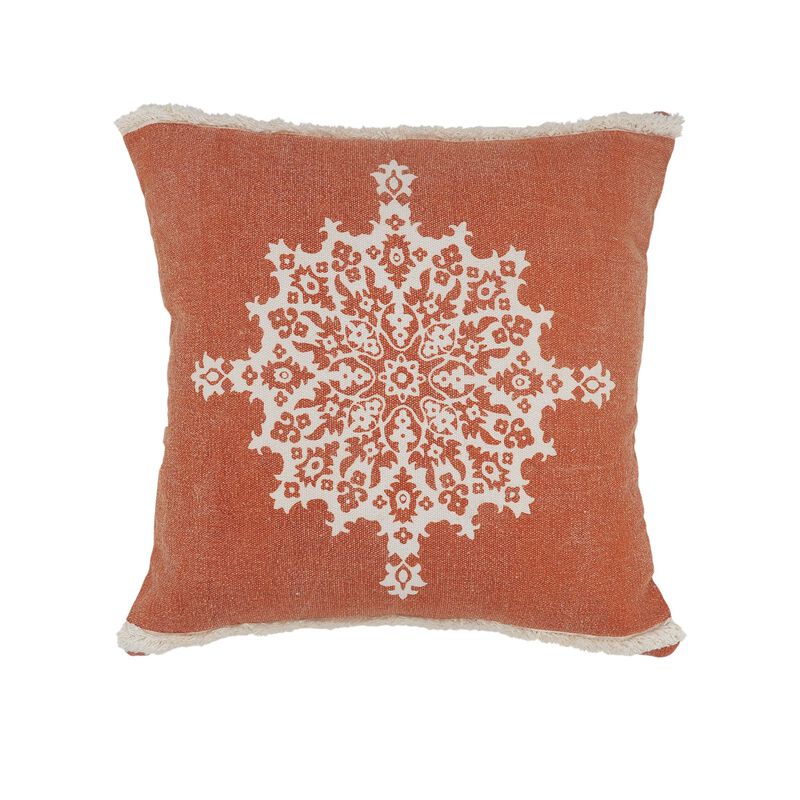 20" Orange and White Floral Mandala Square Throw Pillow