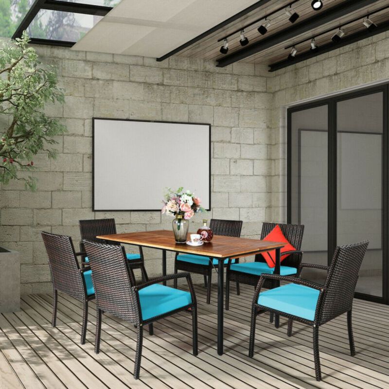 7Pcs Patio Rattan Cushioned Dining Set with Umbrella Hole