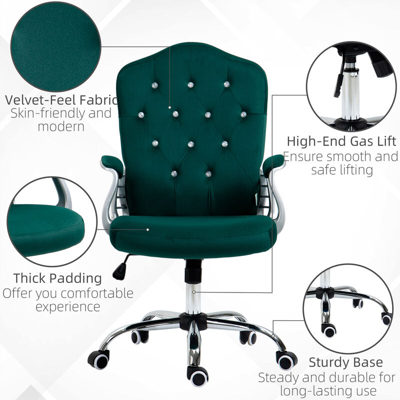 Vinsetto Home Office Chair, Velvet Computer Chair, Button Tufted Desk Chair with Swivel Wheels, Adjustable Height, and Tilt Function, Dark Green