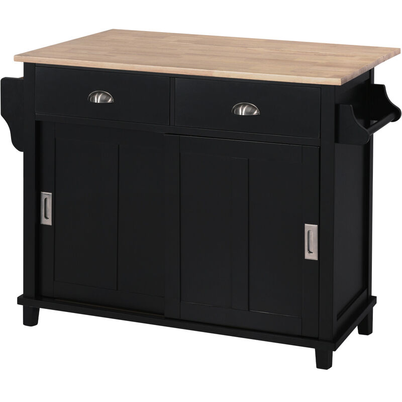 Kitchen Cart with Rubber wood Drop-Leaf Countertop, Concealed sliding barn door adjustable height, Kitchen Island on 4 Wheels with Storage Cabinet and 2 Drawers, L52.2xW30.5xH36.6 inch, Black