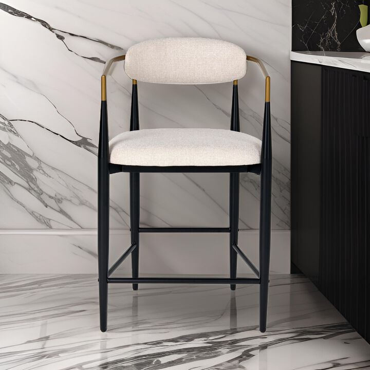 Cid Hita 25 Inch Counter Chair, Light Gray Polyester, Black Iron Legs, Gold - Benzara