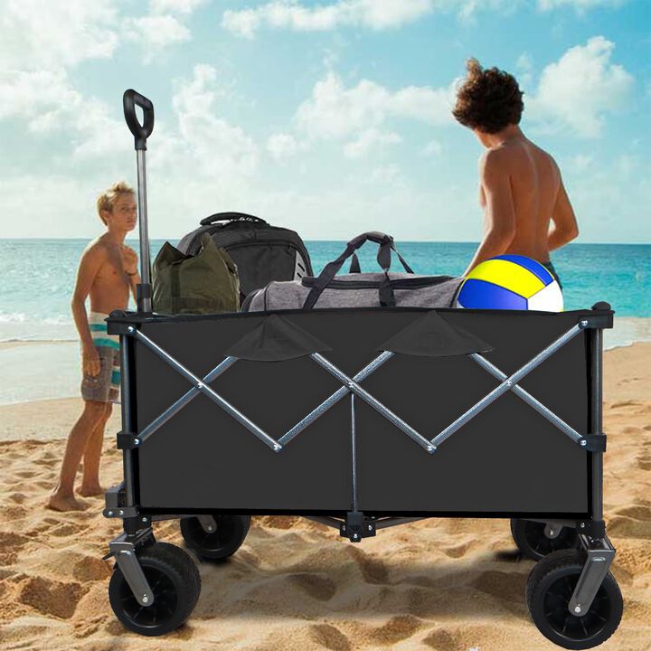 Collapsible Folding Wagon, Push Pull Foldable Beach Wagon Cart,Garden Cart-Grayish Brown