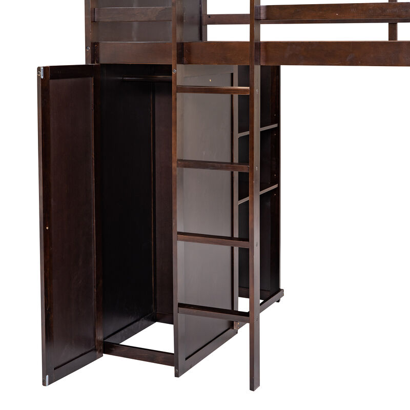 Merax Loft Bed with Storage Shelves and Wardrobe