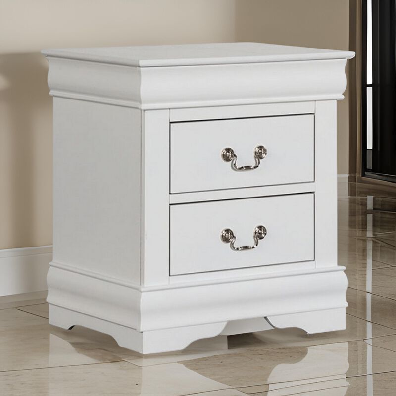 Ryla Nightstand, 2 Drawers, Classic White Solid Wood, Nickel Metal Handles