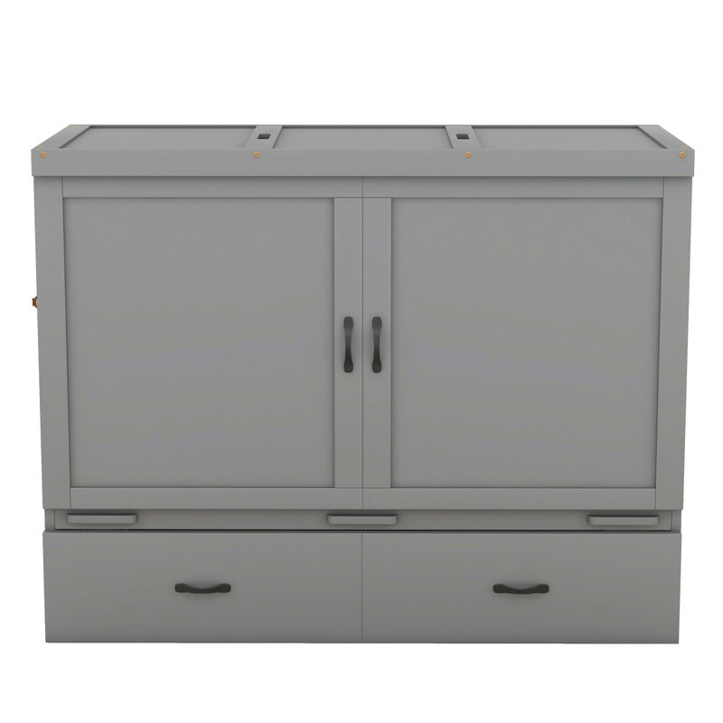 Queen Size Murphy Bed with USB Port and a Large Drawer, Gray