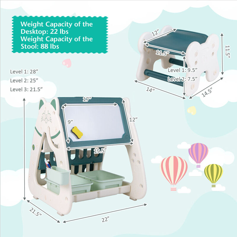 3-In-1 Double Sided Magnetic Dry-Erase Board with Stool and Flipped Writing Desktop