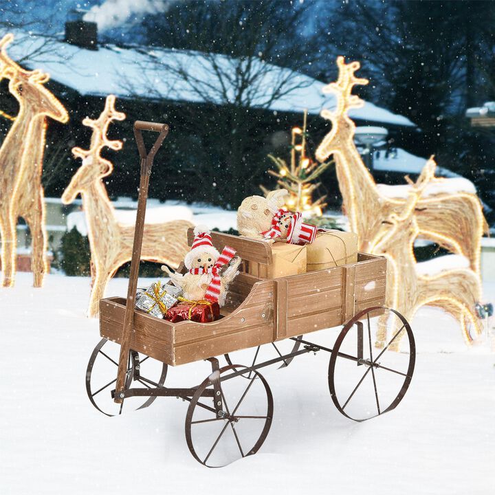 Wooden Wagon Plant Bed With Wheel for Garden Yard