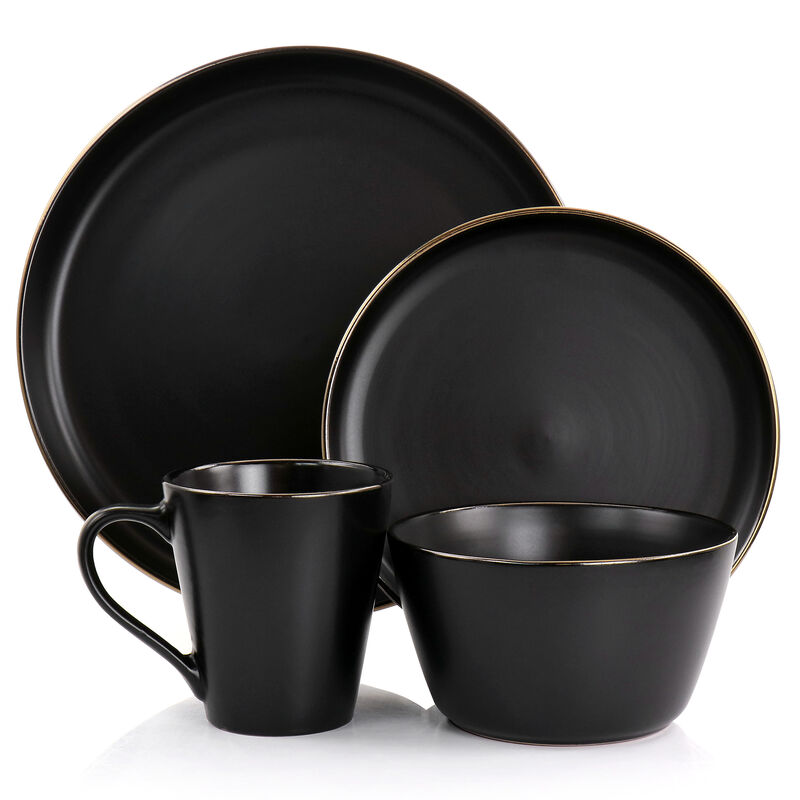 Elama Paul 16 Piece Stoneware Dinnerware Set in Matte Black with Gold Rim