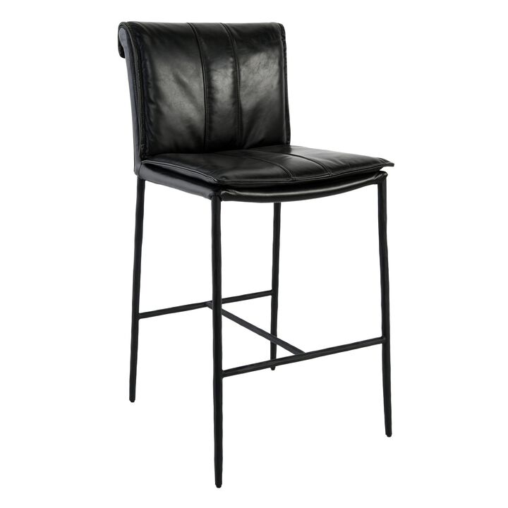 Iva 27 Inch Counter Stool Chair, Rolled Back, Iron, Black Top Grain Leather - Benzara