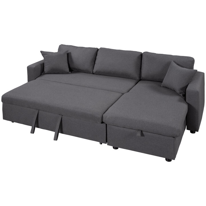 Upholstery Sleeper Sectional Sofa Grey with Storage Space, 2 Tossing Cushions