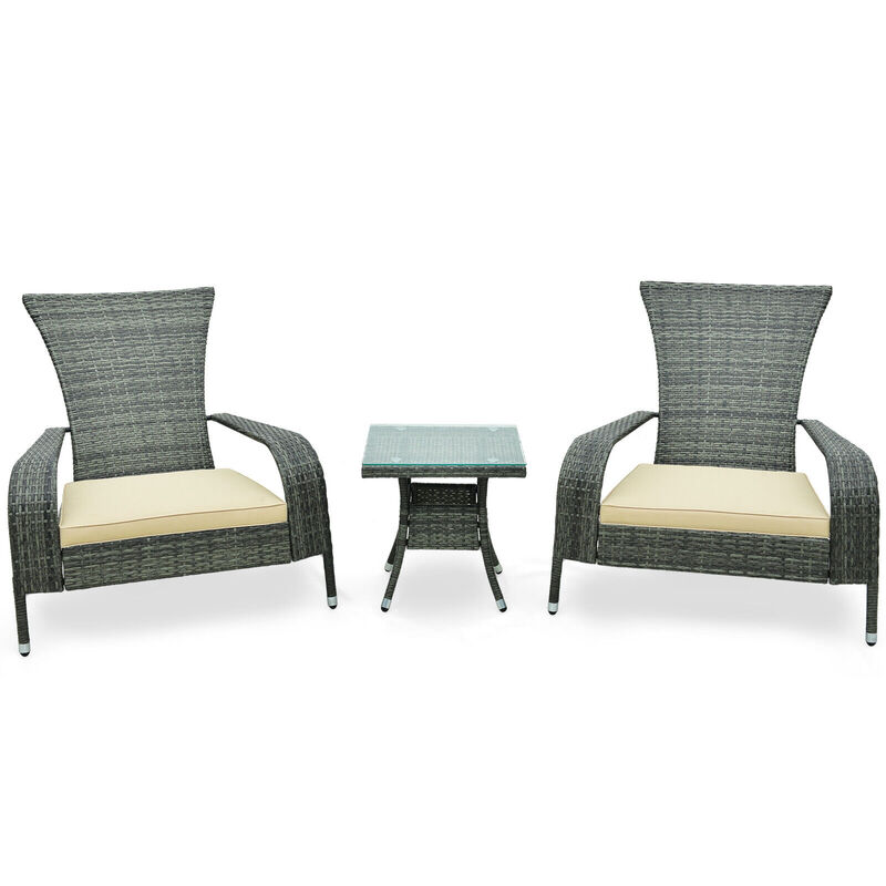3-Piece Wicker Adirondack Set with Comfy Seat Cushions-Gray