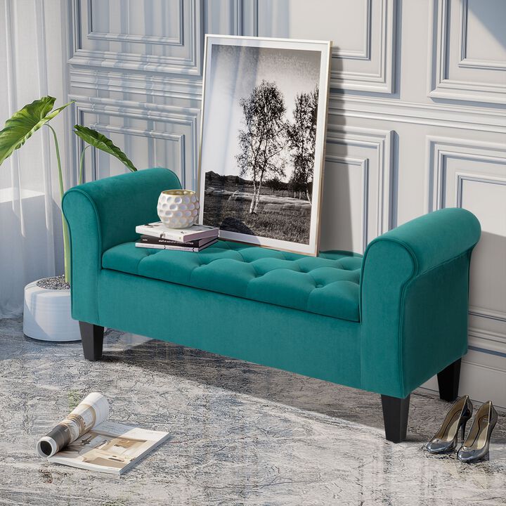 Green Elegant Storage: Tufted Ottoman Bench with Folding Design