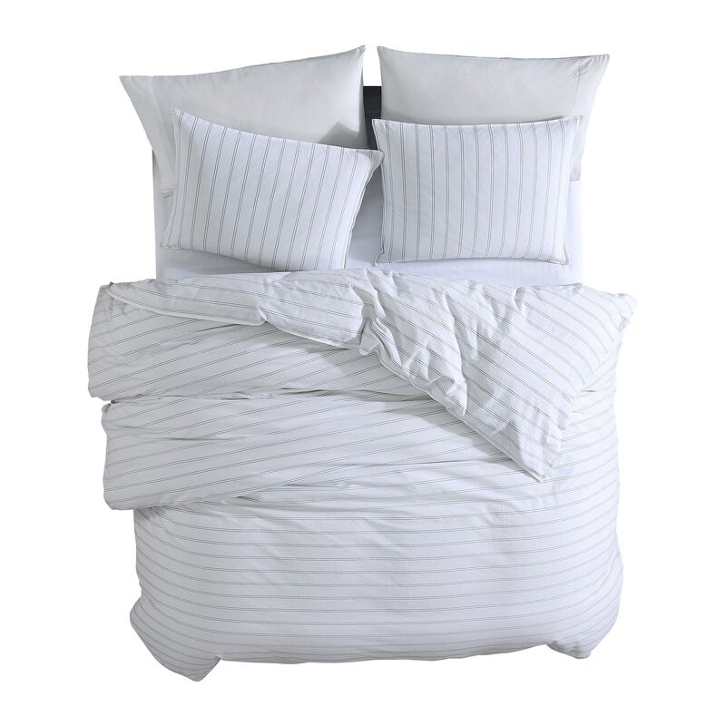 3 Piece King Comforter Set with Pinstripe Pattern, White and Black-Benzara