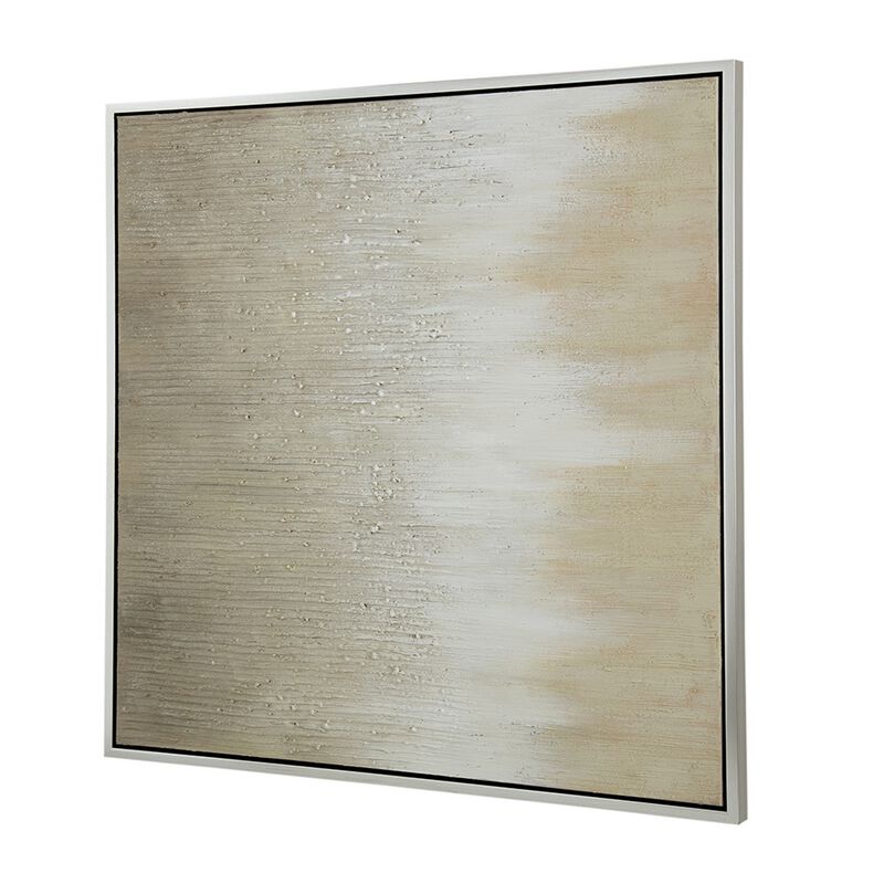 39 x 39 Hand Painted Wall Art,  Polyester Canvas, Wood, White and Gold - Benzara