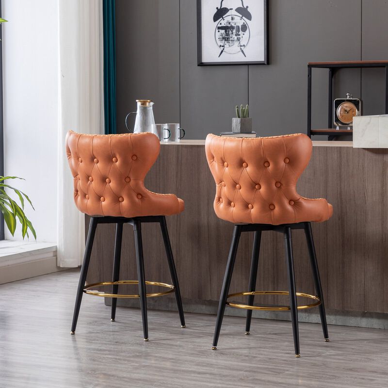 Hivvago 2pcs Gold Accent Bar Stools Tufted Fabric Upholstery