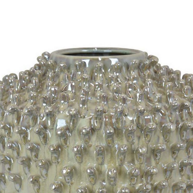 12 Inch Accent Vase, Modern Studded Accents, Distressed Gray Ceramic Finish - Benzara
