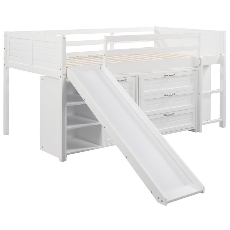 Low Twin Size Loft Bed With Cabinets, Shelves And Slide