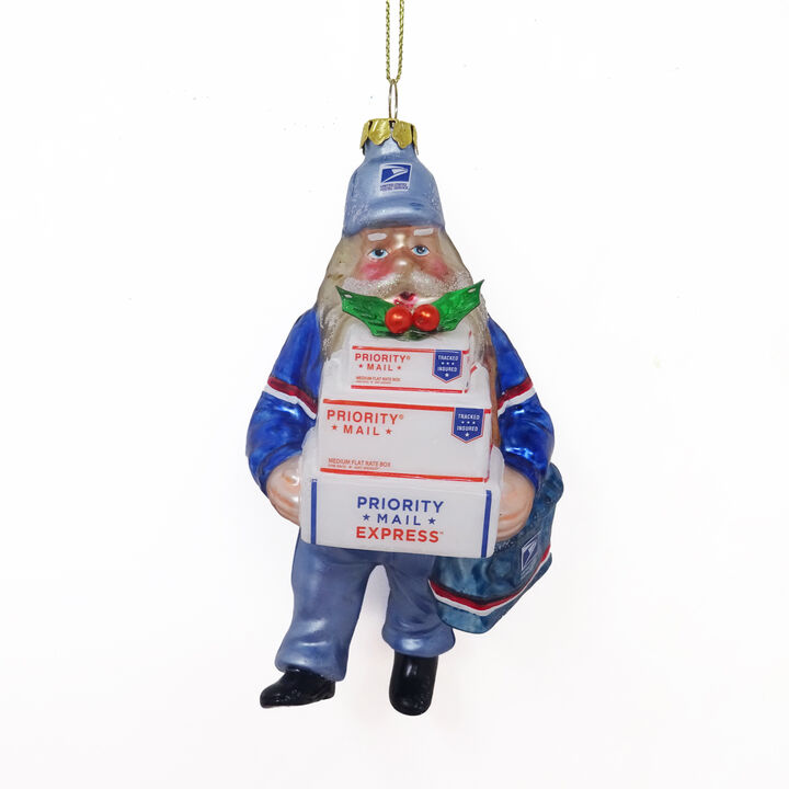 6" Busy Santa "USPS Priority" Mail Carrier Glass Christmas Ornament