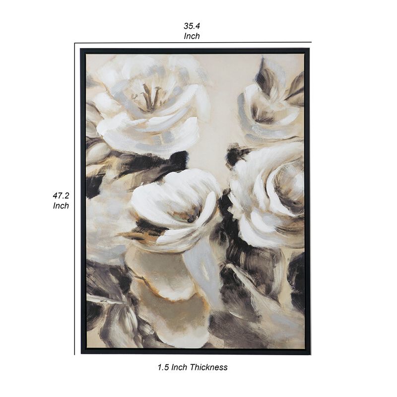 35 x 47 Framed Wall Art, Flower Print, Modern Style, Beige, Black, White - Benzara