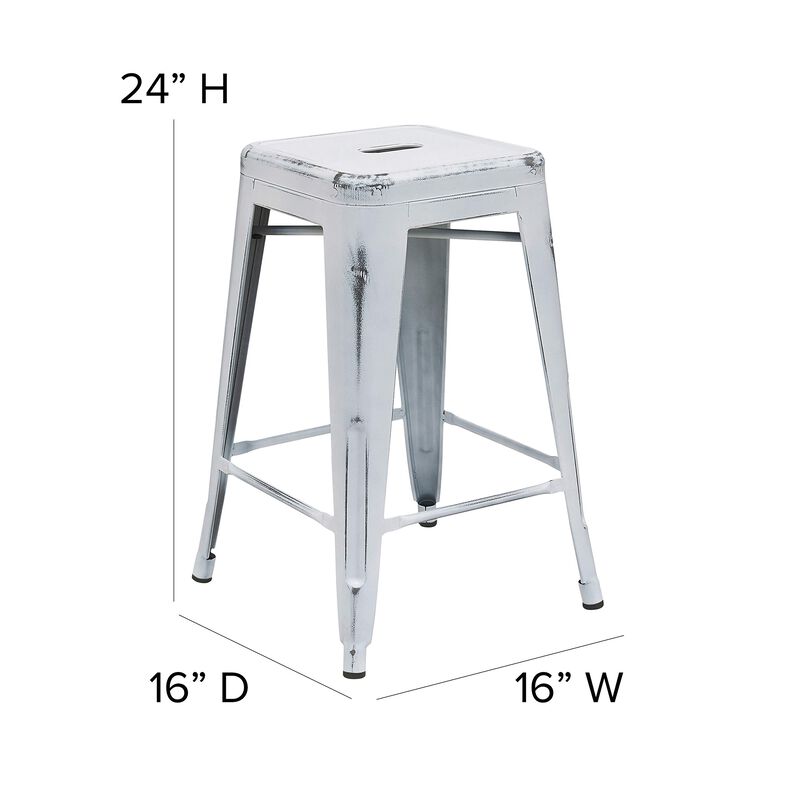 Flash Furniture Commercial Grade 24" High Backless Distressed White Metal Indoor-Outdoor Counter Height Stool