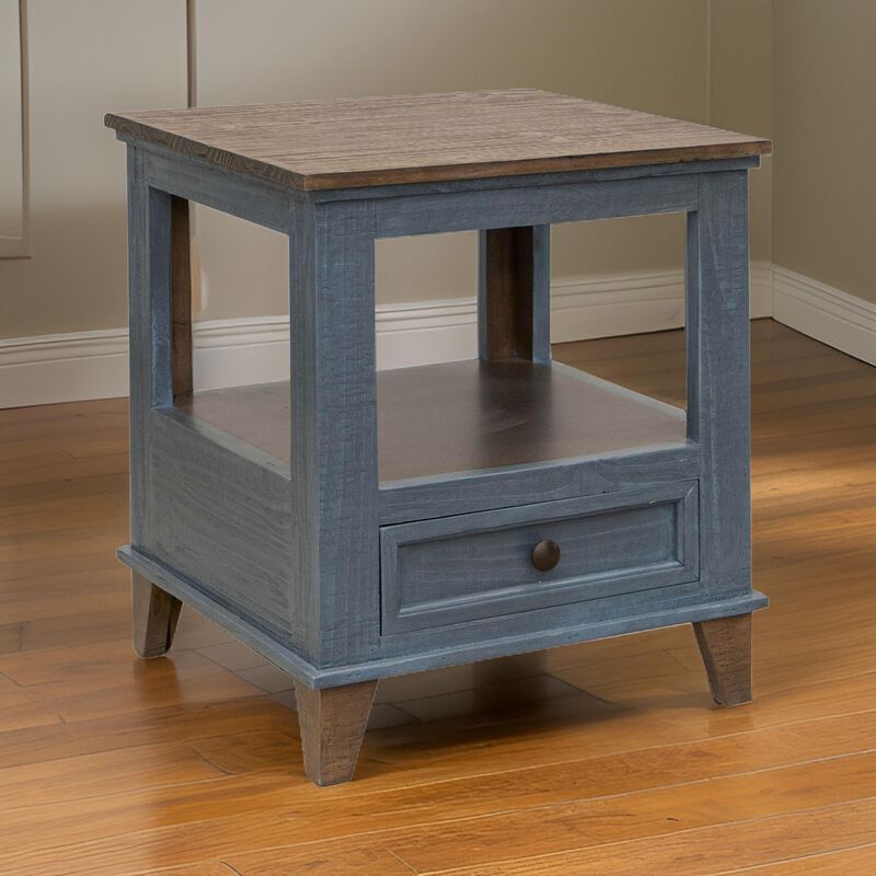 Benjara Rozy 26 Inch Side End Table, Pine Wood, 1 Drawer, Open Shelf, Brown, Blue and Bronze