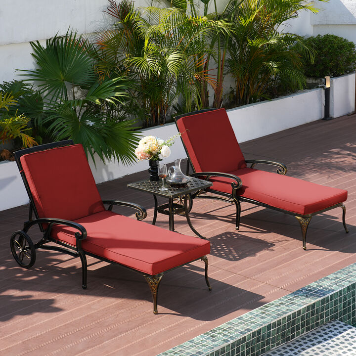 MONDAWE 3-Piece Outdoor Chaise Lounge with Cushion and Cast Aluminum Side Table