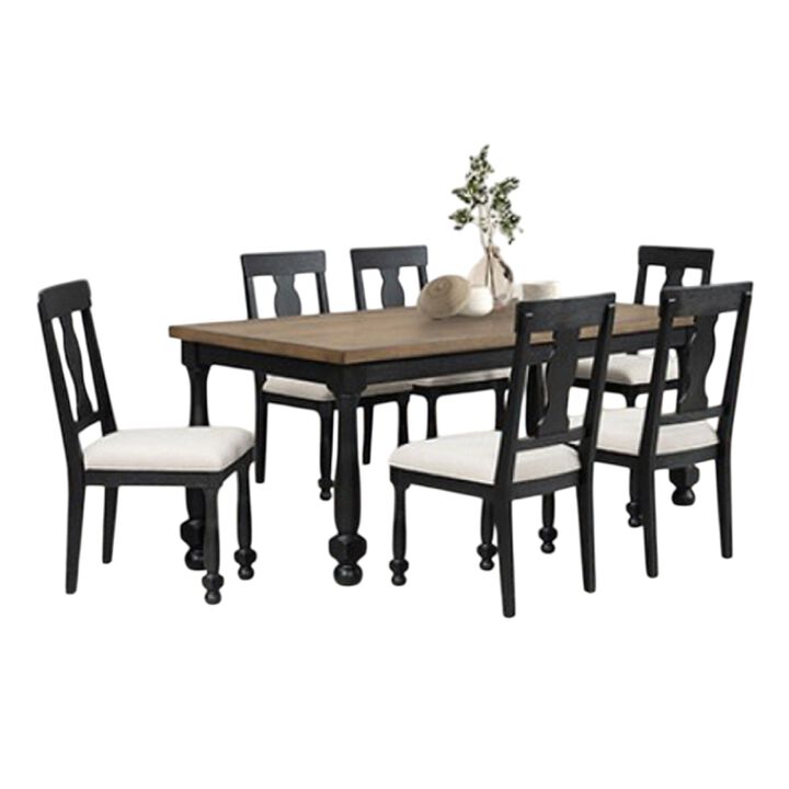 Ginie 7pc Dining Table Set, 6 Chairs, Farmhouse Legs, Black Rubberwood - Benzara