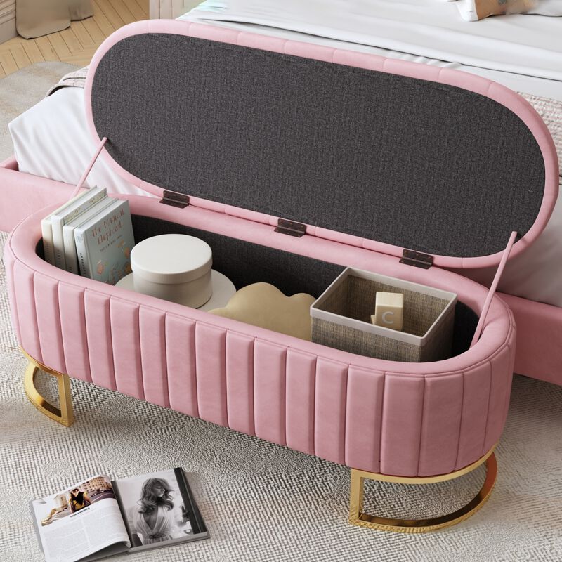 Elegant Upholstered Velvet Storage Ottoman with Button-Tufted, Storage Bench with Metal Legs for Bedroom, Living Room, Fully Assembled Except Legs, Pink