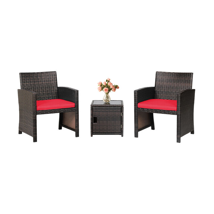 3-Piece Patio Wicker Furniture Set with Storage Table and Protective Cover - Red