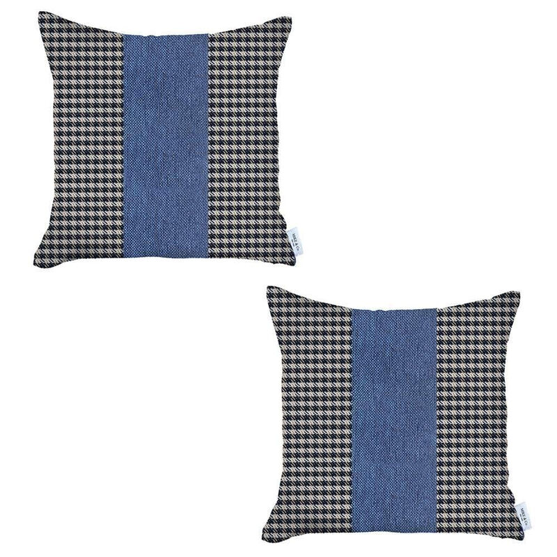 Homezia Set Of Two 18" X 18" White And Blue Houndstooth Zippered Handmade Polyester Throw Pillow