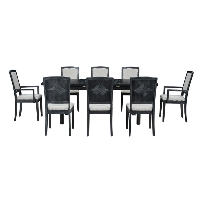 Rustic Extendable 84inch Dining Table Set with 24inch Removable Leaf, 6 Upholstered Armless Dining Chairs and 2 Padded Arm Chairs, 9 Pieces, Black