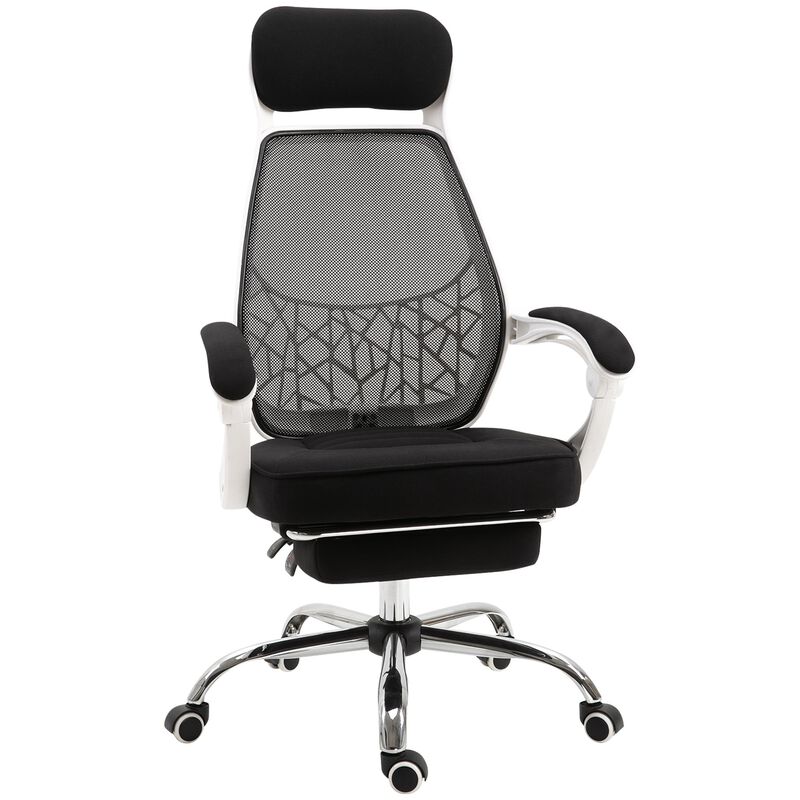 Black/White Executive Chair: High Back 360° Swivel Recliner with Footrest