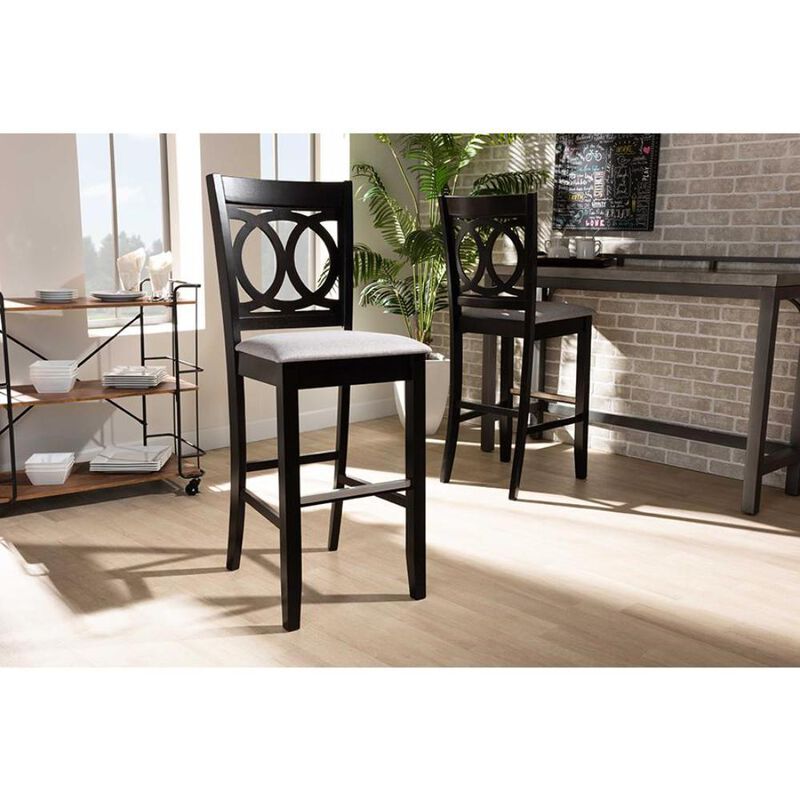 Grey Fabric Upholstered and Espresso Brown Finished Wood 2-Piece Bar Stool Set